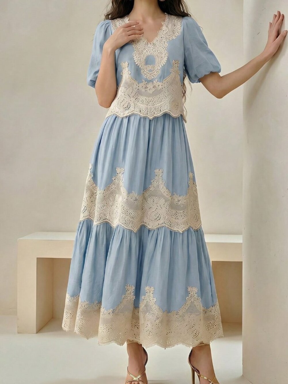 Blue Elegant Women's V-Neck Puff Sleeve Lace Patchwork Flared Skirt Set - Picture 2 of 7